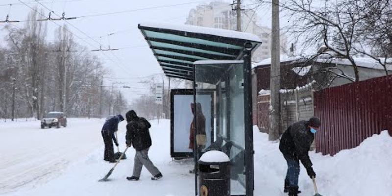 Вбудована мініатюра для У Чернігові безробітні допомагають розчищати від снігу зупинки громадського транспорту.